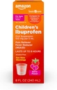 Soins de base Ibuprofène pour enfants Suspension buvable, 100 mg par 5 mL, analgésique et réducteur de fièvre, goût de baie, pour la gorge douloureuse, soulagement des maux de tête et plus, 8 fl oz (paquet de 1)