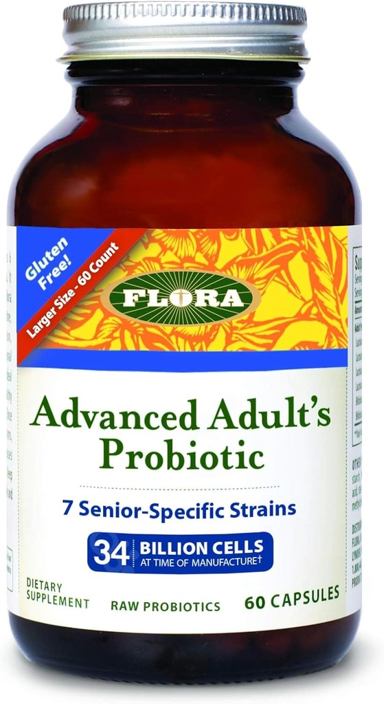 Flora - Probiotique avancé de mélange d'adultes, sept souches spécifiques aux aînés, sans gluten, probiotique brut avec 34 milliards de cellules, 60 capsules