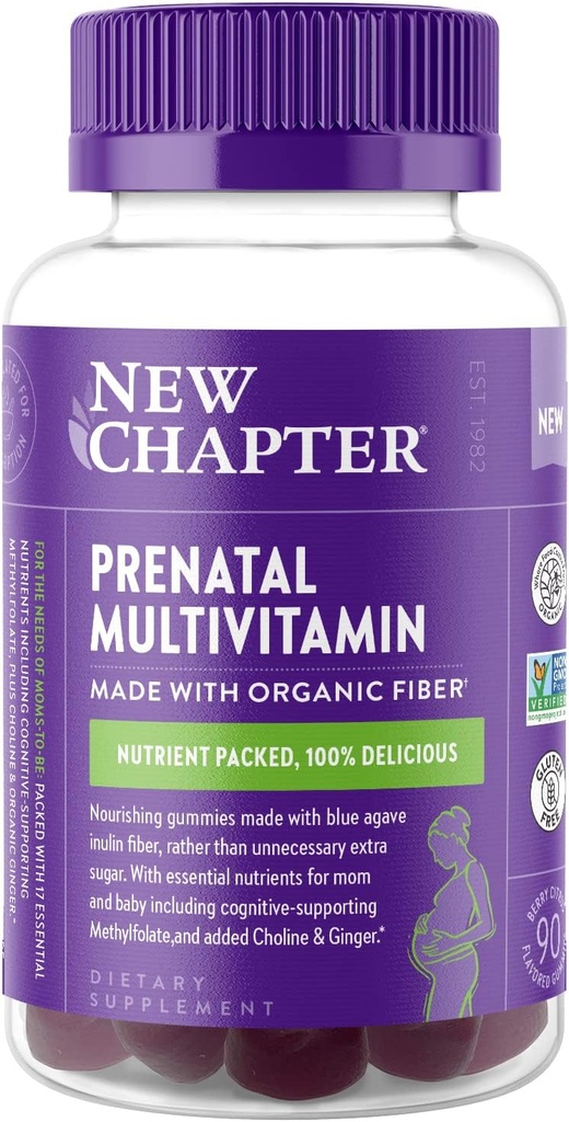 Nouveau chapitre Gummies multivitamines prénatales – 67% Moins de sucre, Gummies prénatales pour maman et bébé en bonne santé avec méthylfolate, vitamine D3, Choline + Gingembre, Non-OGM, Sans gluten, Berry Citrus, 90ct