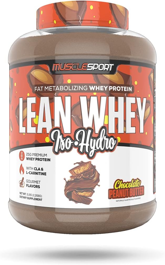 Musclesport Lean Whey RevolutionTM Poudre de protéines - Isolation de protéines de lactosérum - Faible teneur en calories, faible teneur en glucides, faible teneur en gras, colorants incroyables - 25g Protéines par scoop - Beurre d'arachide au chocolat de 5lb