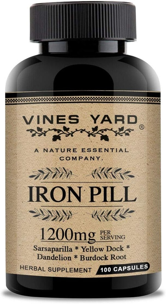 Suppléments en fer à base de plantes pilules naturelles en fer à base de Sarsaparilla biologique, Dandelion, Burdock Root & Yellowdock Capsules 1200mg