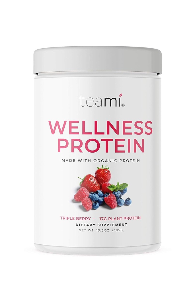 Teami Poudre de protéines végétaliennes avec ingrédients organiques - Poudre de protéines de pois à base de plantes lisses avec faibles glucides nets, non-OGM, sans produits laitiers, sans soja, sans sucre ajouté - triple baie (14 portions, 13,6 once)