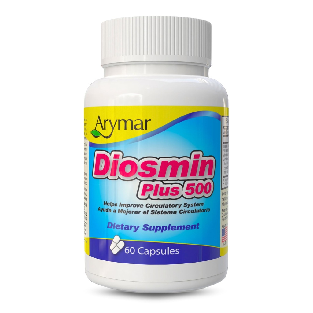 Arymar Diosmin 500mg with Vitamin B-Complex: Circulatory Formula for Leg Vein Integrity and Normal Blood Flow, Vascular Health and Microcirculation, 60 Capsules