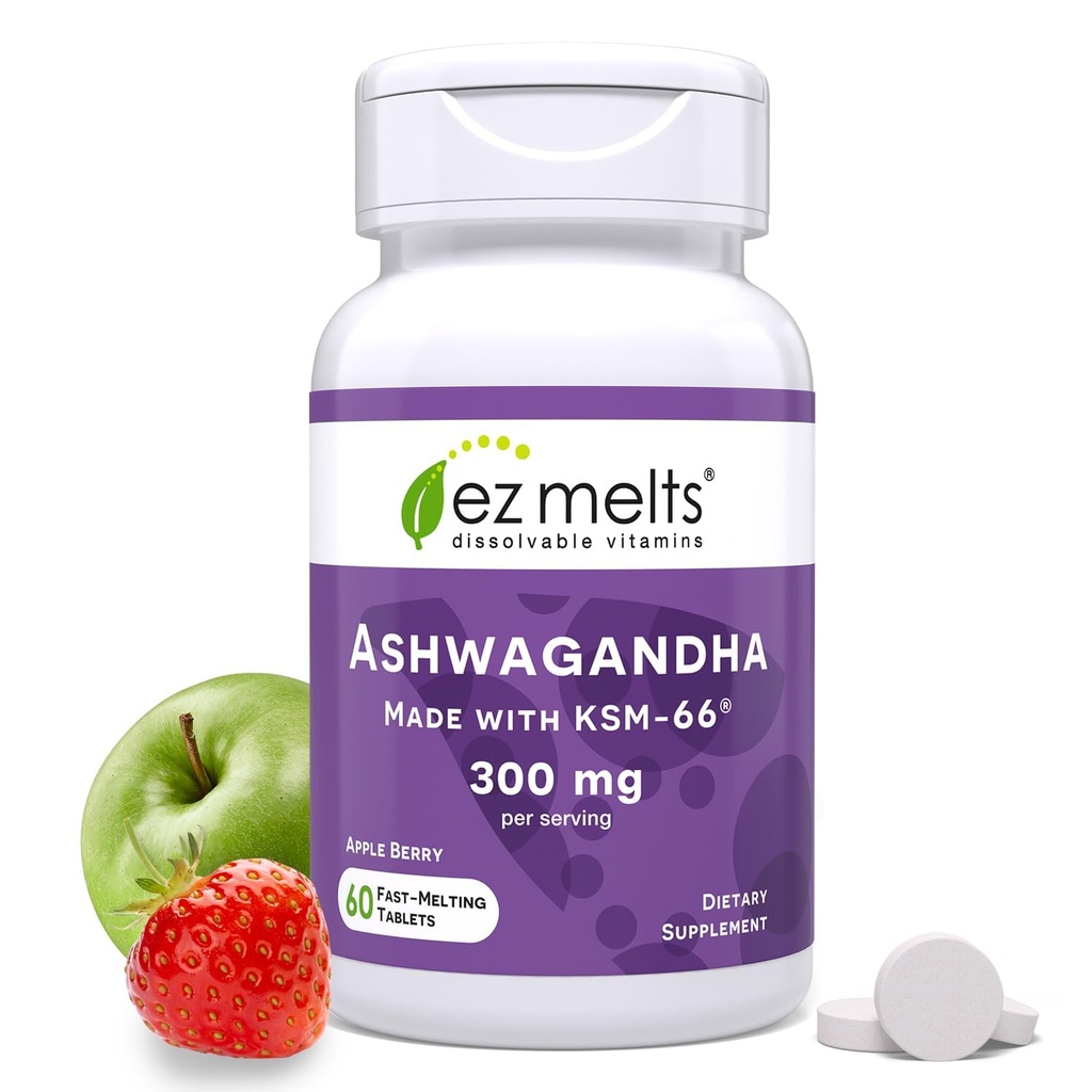 EZ Melts Dissolvable KSM-66 Ashwagandha, 300 mg, sans sucre, supplément de soutien pour le stress, le sommeil et l'humeur, 30 jours d'approvisionnement, Apple Berry-Flavor - 1 pack
