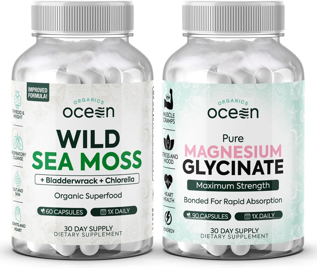 Organics Ocean Wild Sea Moss Capsules et Glycinat de Magnésium pur avec Zinc - 100% Irish Sea Moss et supplément de magnésium chélaté pour les femmes et les hommes - Thyroïde, Crampes musculaires et soutien au sommeil