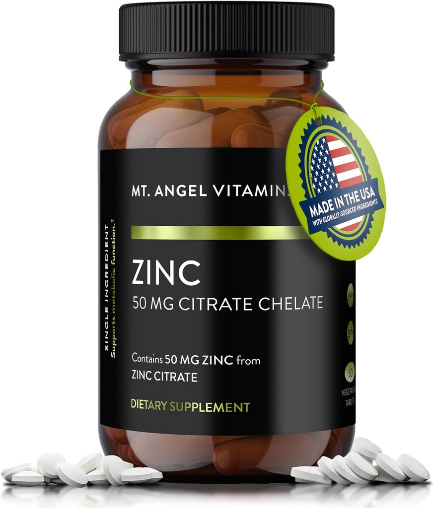 Mt. Vitamines Angel - Citrate de zinc 50mg - Citrate de zinc 50 mg - Suppléments naturels de zinc fabriqués aux États-Unis - 60 comprimés végétariens