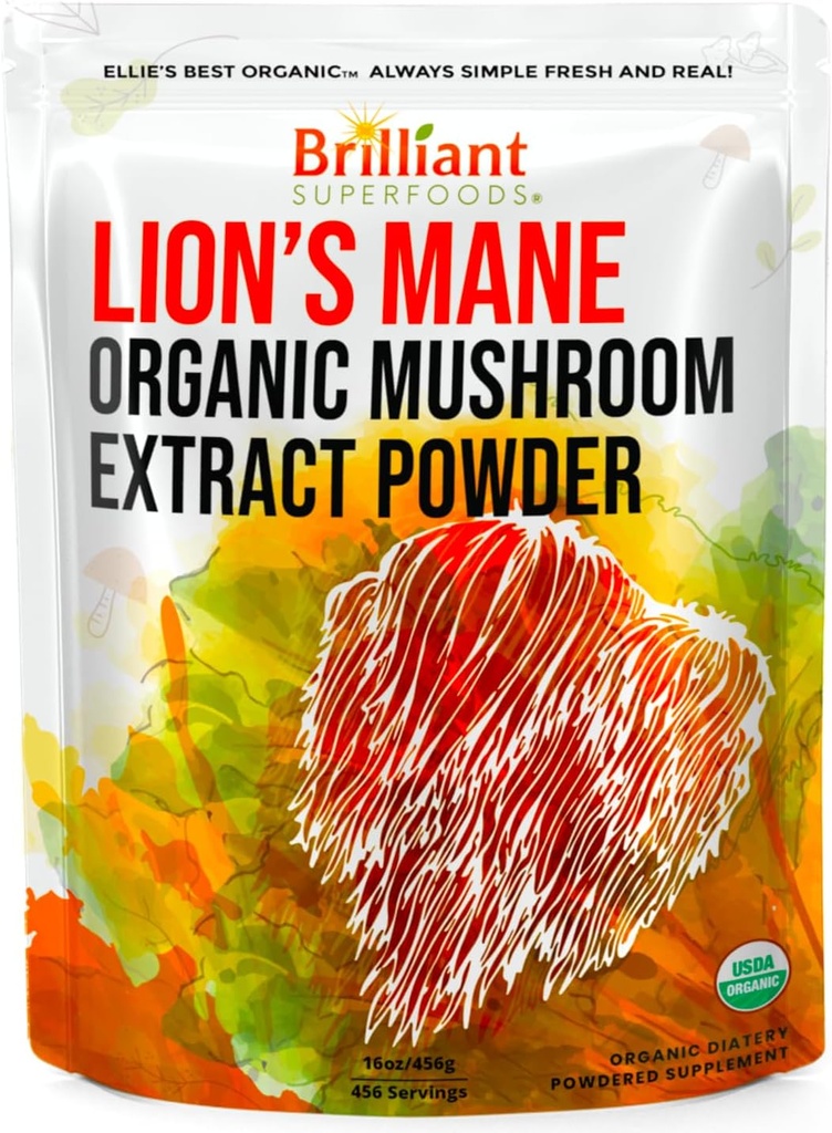 Supplément de poudre d'extrait de champignons bio des meilleurs lions d'Ellie - Double extrait pour 10X puissance - Pure No Fillers - 16oz - 458 1g Serviettes...