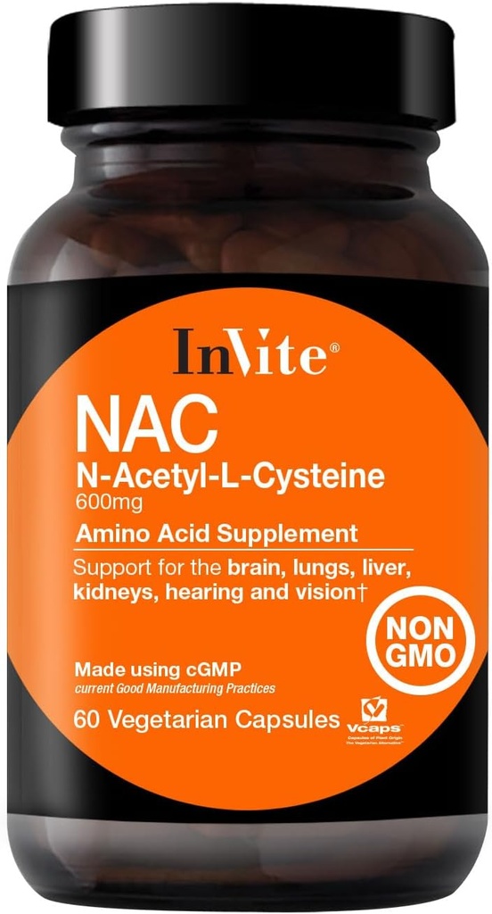 Inviter Santé N-acétyl Cysteine (NAC) - Soutient la santé du foie et du cerveau - Fournitures L'acide amino essentiel L-Cysteine et un précurseur au Tripeptide Glutathion - 60 capsules végétariennes