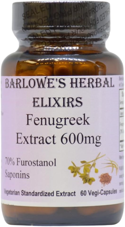 Barlowe's Herbal Elixirs Fenugreek Extract | 70% Furostanol Saponins | 600 mg per Capsule | 60 Vegi-Capsule | Non-GMO | Stearate Free | Glass Bottle