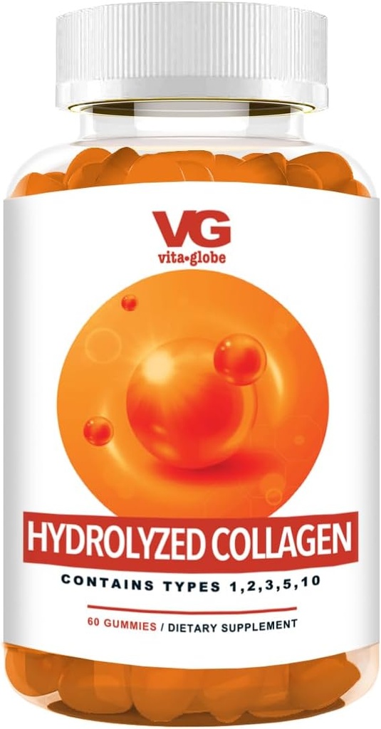 VITA GLOBE Collagène Gommies – 200mg Collagène hydrolysé Types I, II, III, V & X.Supporte cheveux, peau, ongles, articulations et os.Supplément beauté et bien-être pour les femmes et les hommes.