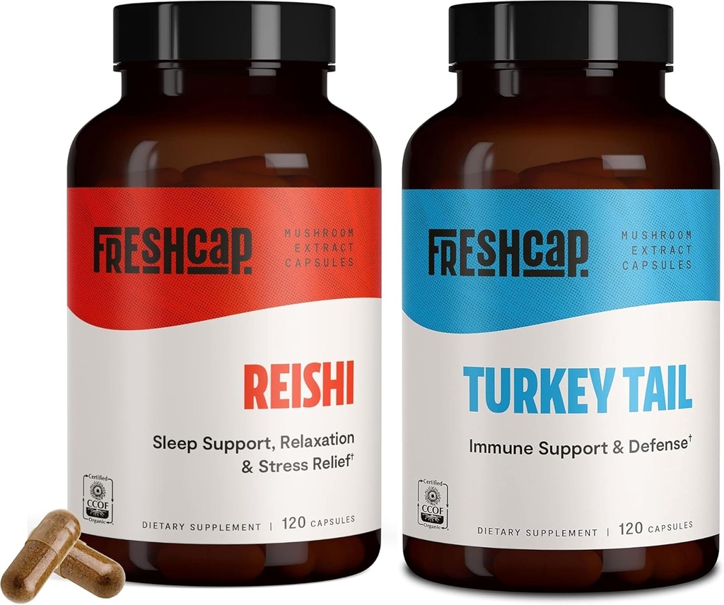 FreshCap Champignons Wellness Duo: Reishi 14 000mg pour la longévité + la dinde Tail 10 000mg pour la santé immunitaire et digestive – 120 capsules chacune