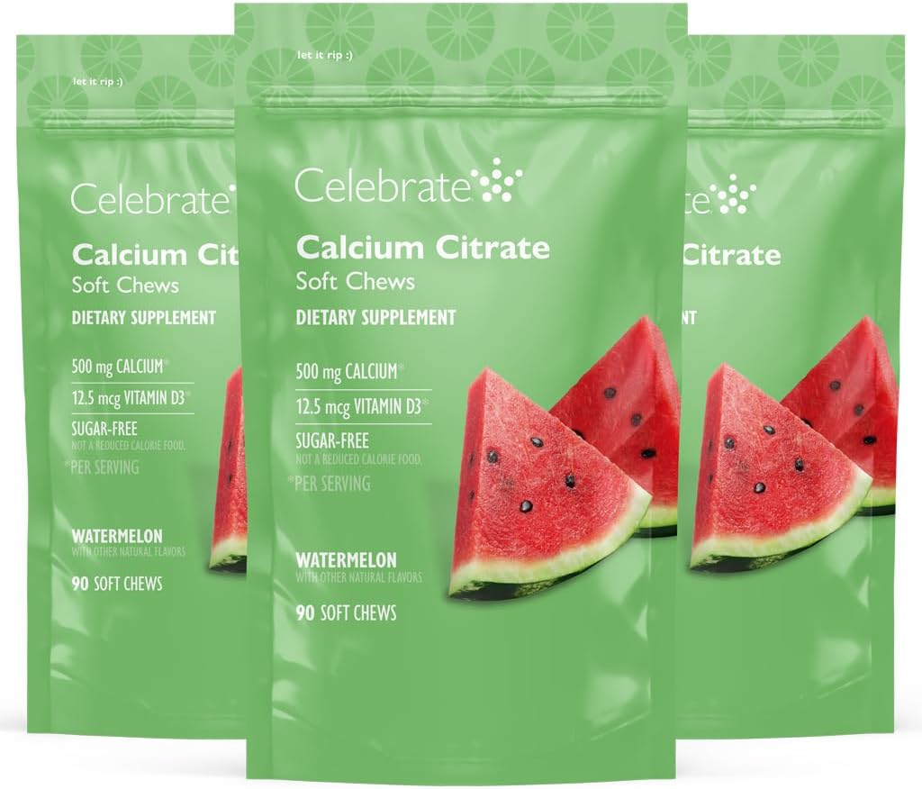 Célébrez les vitamines bariatriques 500mg Citrate de calcium Chews doux avec 500 UI de vitamine D3 – essentiel pour les patients de passage gastrique et santé des os - sans sucre et sans gluten, Melon (270 Chews)
