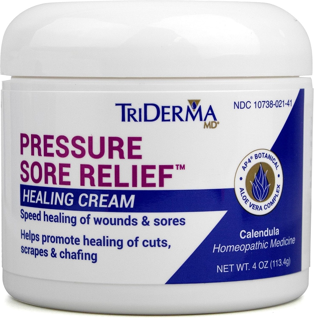 TriDerma MD Crème de soulagement des plaies de pression pour le traitement des plaies de lit, Ulcers, plaies de pression, guérison des plaies, peau chafée et plaies de peau dure à guérir avec calendula et AP4 Aloe, 4 oz Jar
