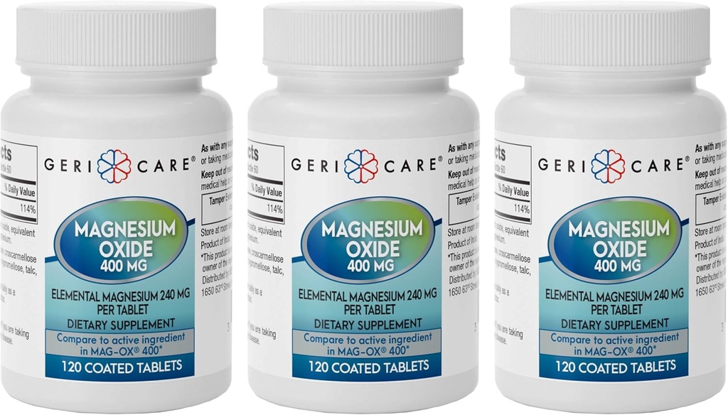 Supplément d'oxyde de magnésium GeriCare 240 mg de magnésium élémentaire, 120 comprimés, soutien minéral essentiel, favorise la santé vasculaire, la force osseuse et la fonction musculaire (paquet de 3)