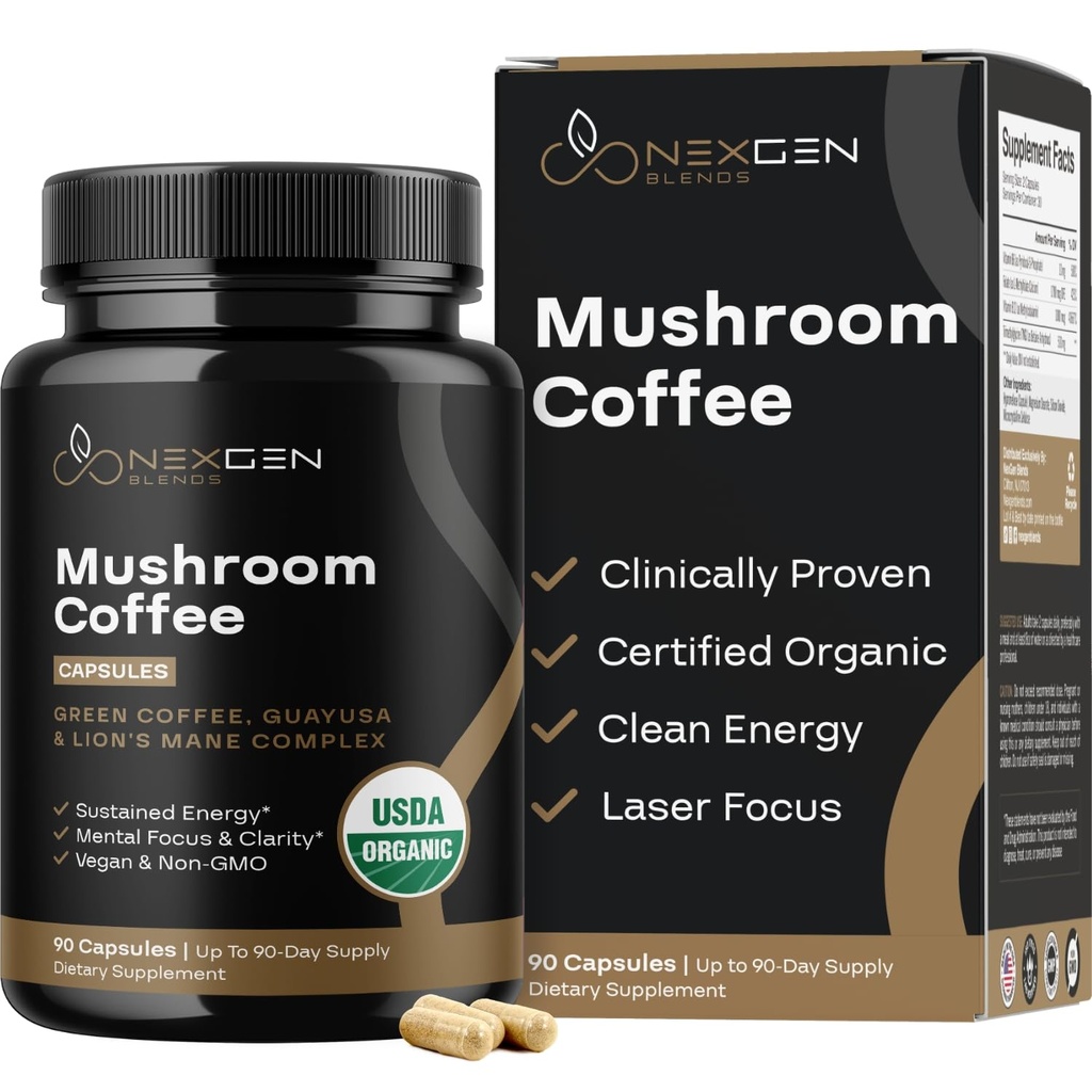 100% Organic Mushroom Coffee Capsules - Natural Energy Supplement with 130mg Caffeine from Clinically Proven Patented Green Coffee Bean & Guayusa Extracts for Jitter-Free Energy & Focus (90 Servings)