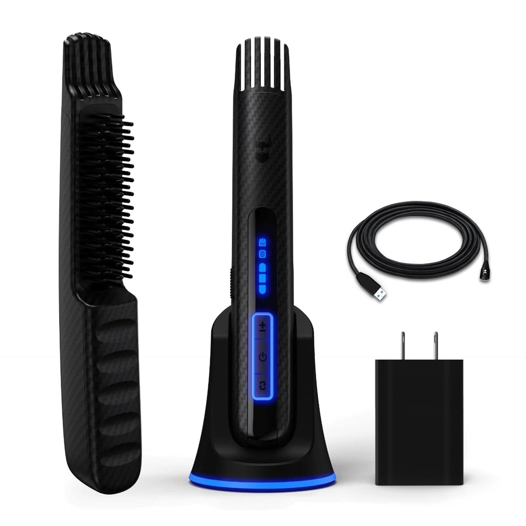 La lutte à barbe carbone X - Brosse à barbe chauffée + Lisseur de barbe pour les hommes - Brosse à barbe sans fil & Peigne de lissage - Rechargeable, 3 réglages de chauffage, Manche de protection microfibre inclus