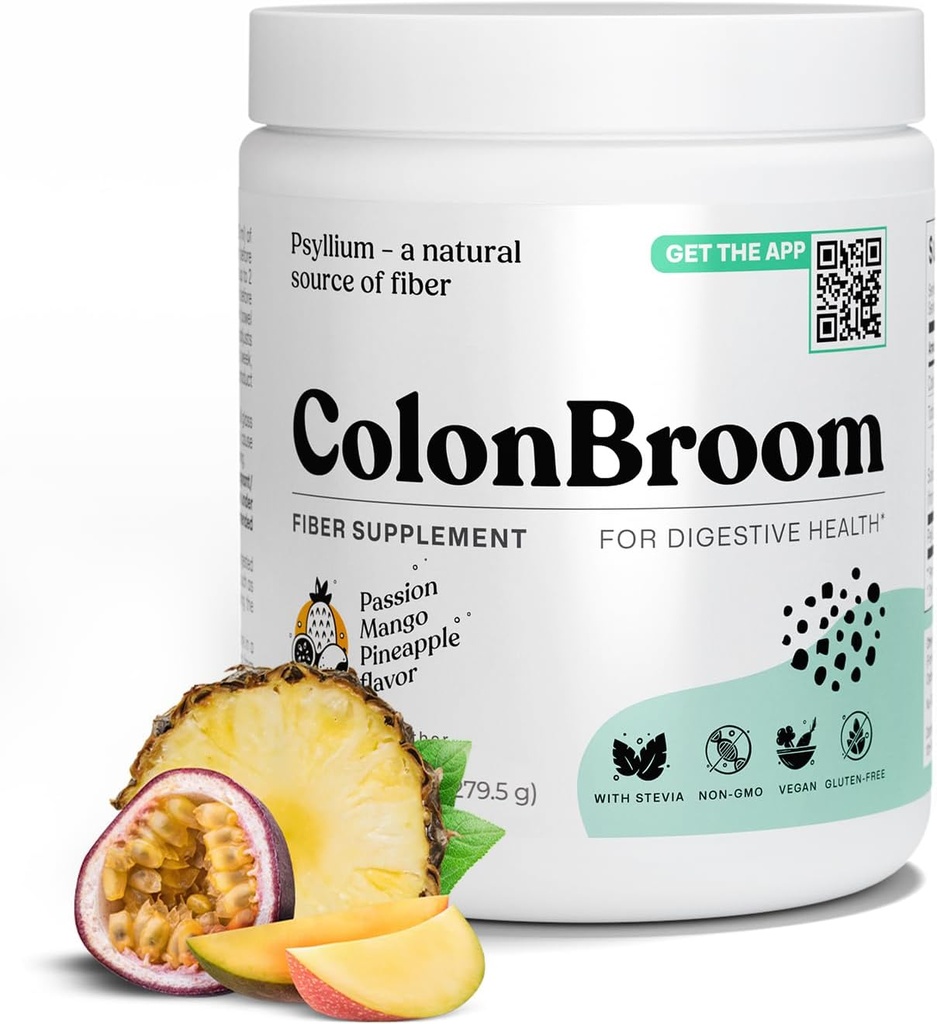 ColonBroom Psyllium Husk Poudre avec Stevia (Fruits Tropiques) - Colon Cleanse pour Bloating Relief & Gut Health - Colon Broom Fibre Poudre Drink - Vegan Fibre Poudre Stevia Supplément, 50 portions