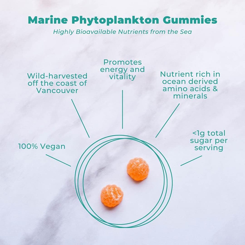 Vegan Life Nutrition Supplément Phytoplancton Marine, Gummies oranges (paquet de 60)