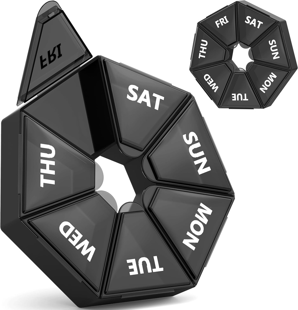 Gelibo,Weekly Pill Organizer, 2 Pack Portable Travel Pill Box Dispenser Cas de médecine 6 Couleurs (Sept jours) Nouvelle édition pour la vitamine/huile de poisson/pills/Suppléments-Arthrite Friendly (Noir)