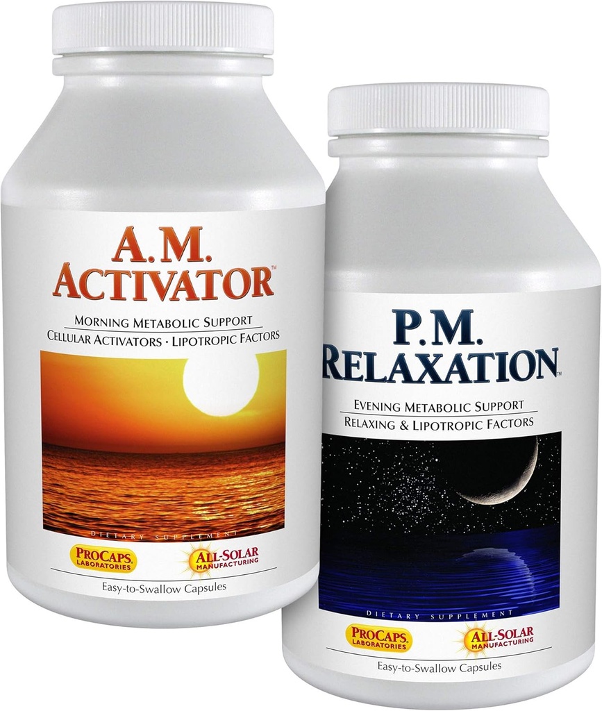 ANDREW LESSMAN A.M. Activator and P.M. Relaxation Kit - 30 Capsules de chaque - A.M. Activator favorise l'énergie et le métabolisme des graisses tandis que P.M. Relaxation encourage une nuit de sommeil reposante