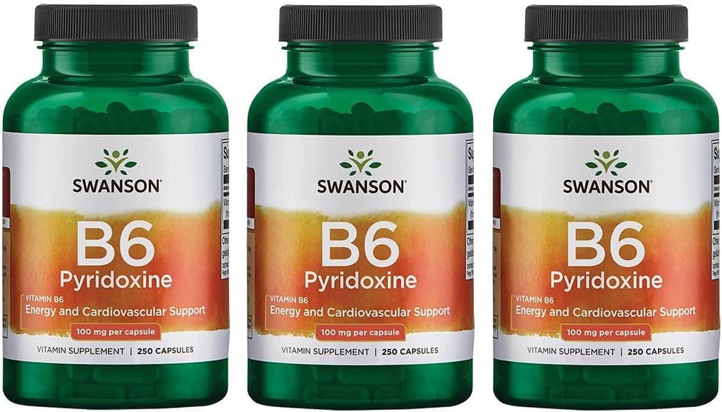 Swanson B6 Pyridoxine - Supplément de vitamine favorisant la santé cardiovasculaire et le métabolisme énergétique - Formule naturelle favorisant le mieux-être général - (250 capsules, 100 mg chacune) 3 Pack