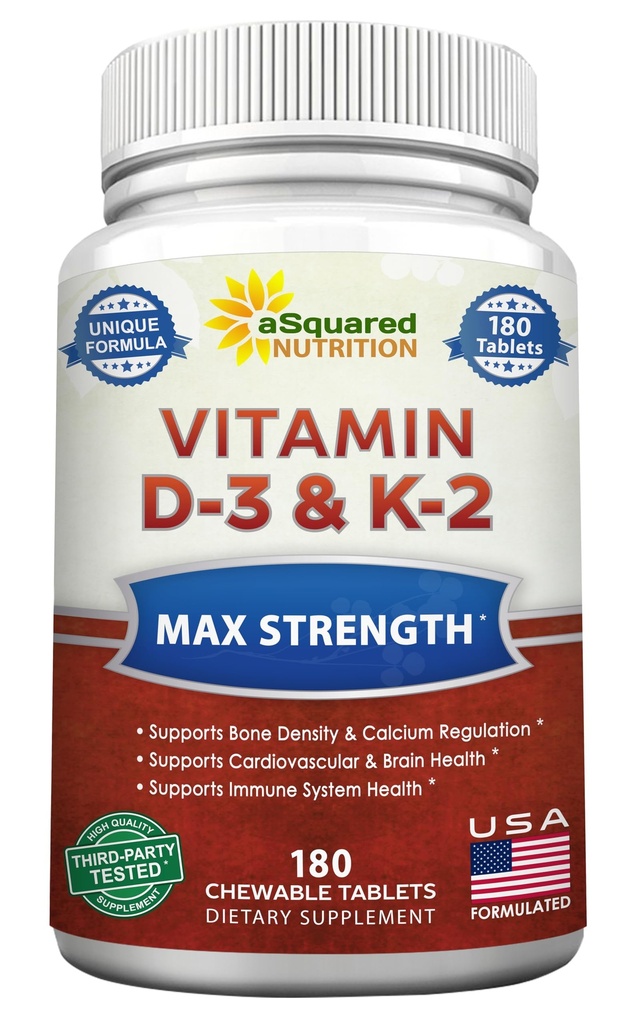 aSquared Nutrition Vitamine D3 with K2 Supplement-180 Comprimés à croquer, Max Strength D-3 Cholecalciferol et K-2 MK7 pour soutenir les os sains, les dents, le coeur - Antioxydant D3 et K2 MK-7 Formule énergétique Adultes