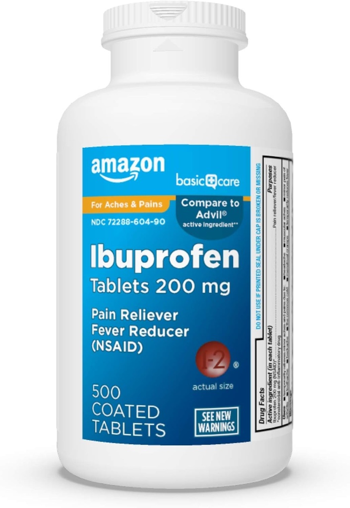 Amazon Basic Care Ibuprofen Comprimés 200 mg, analgésique/réducteur de fièvre, 500 Compte