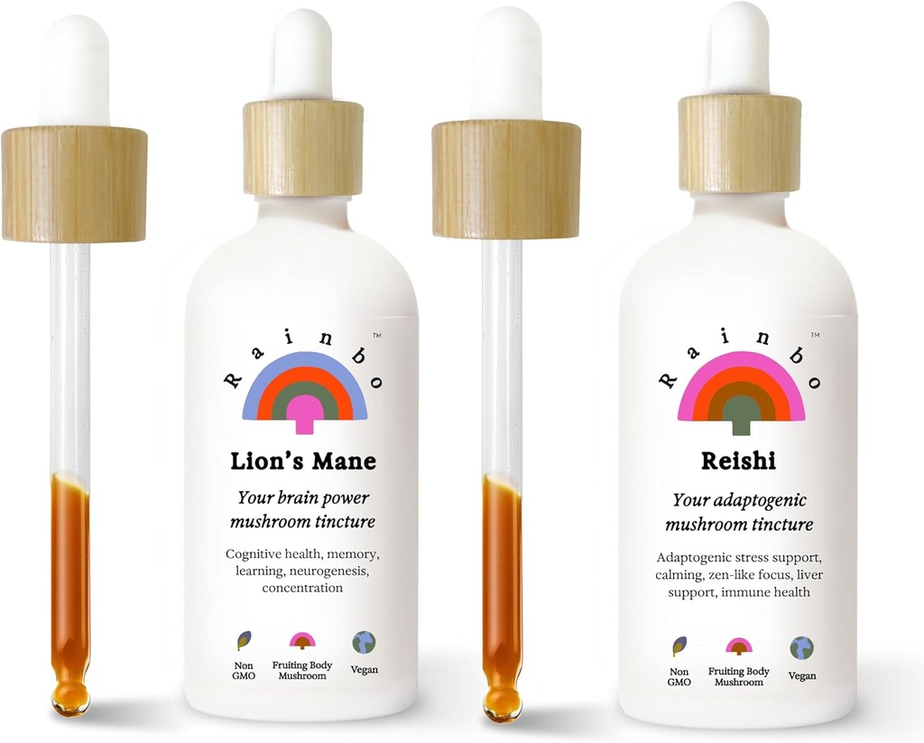 Rainbo Brain Health Bundle, Extrait de Champignon Lion's Mane + Teinture de Champignon Reishi, Teintures quotidiennes de Champignon double extrait pour un support immunitaire complet, Suppléments de Champignon liquide végétalien