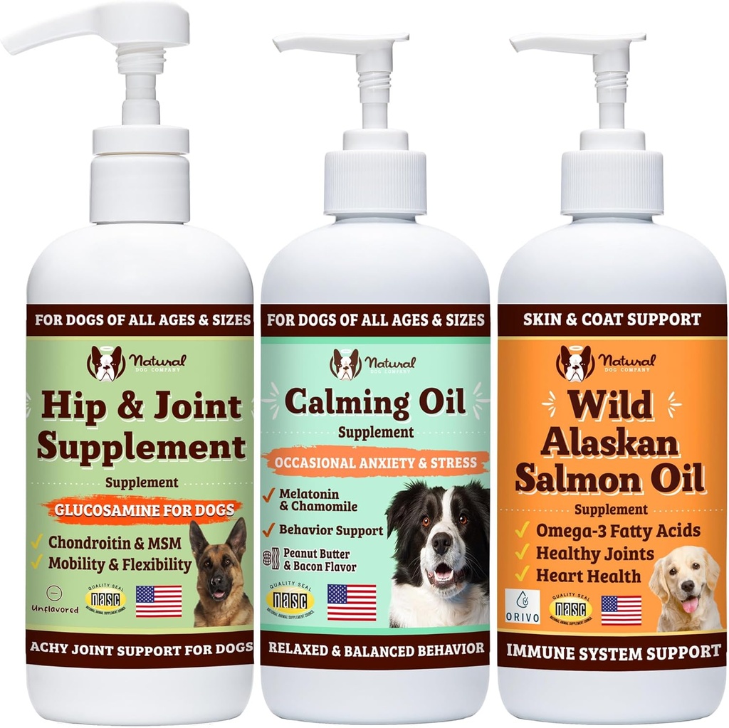 Natural Dog Company Wellness Bundle Food Oil Toppers incluant (1) Huile de saumon sauvage de l'Alaska, (1) Glucosamine liquide, (1) Huile calmante