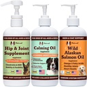 Natural Dog Company Wellness Bundle Food Oil Toppers incluant (1) Huile de saumon sauvage de l'Alaska, (1) Glucosamine liquide, (1) Huile calmante