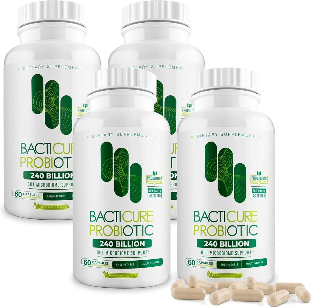 Bacticure Probiotic 240 Capsules.com Probiotics Supplement w/High CFU Formula for Men & Women.com Prébiotiques et enzymes digestives pour la digestion et la santé des intestins, la santé vaginale, Colon Cleanse, Immune Support