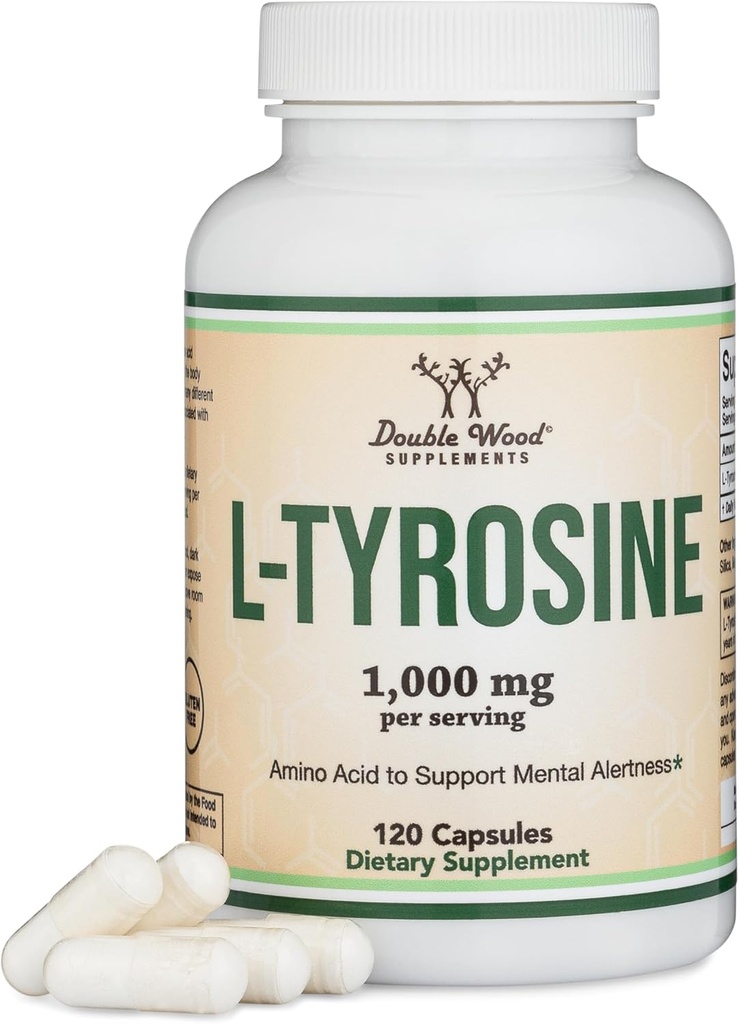 L-Tyrosine 1000mg par portion, 120 Capsules de Veggie (L supplément de Tyrosine pour la mémoire, l'attention et le focus) Acide aminé, sans danger végétalien, non-OGM par double bois
