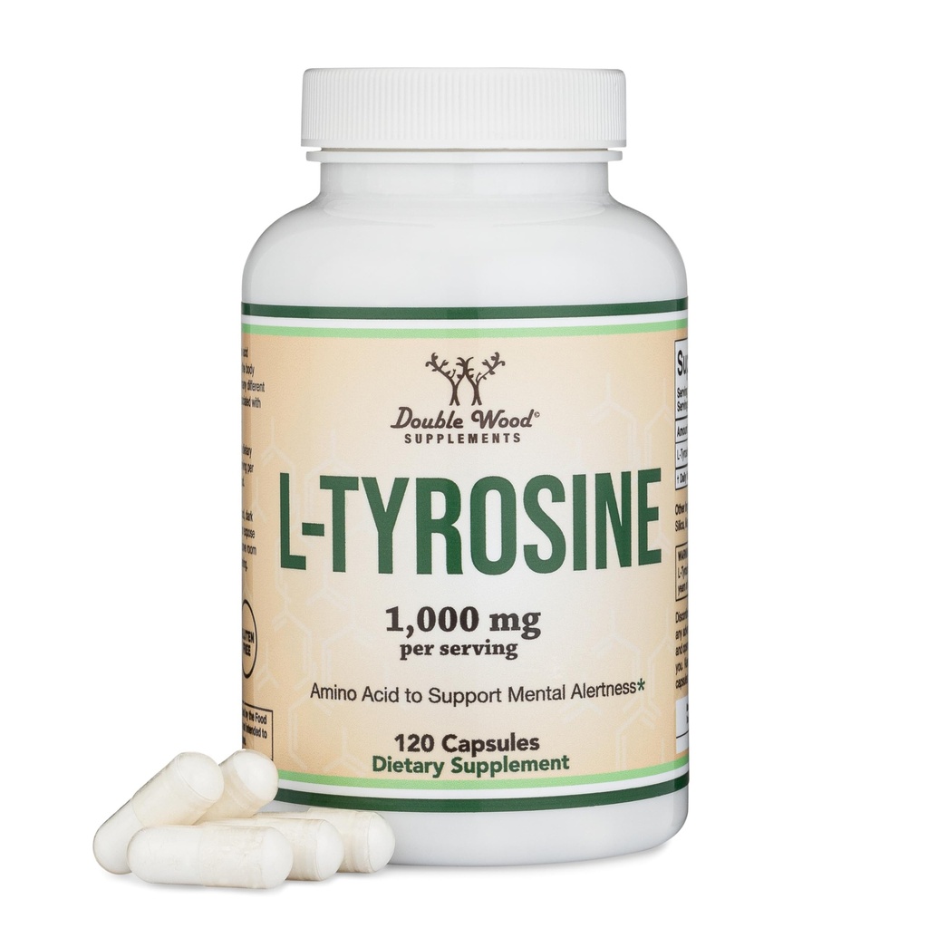 L-Tyrosine 1000mg par portion, 120 Capsules de Veggie (L supplément de Tyrosine pour la mémoire, l'attention et le focus) Amino Acid, Vegan Safe, Non-OGM par Double Wood