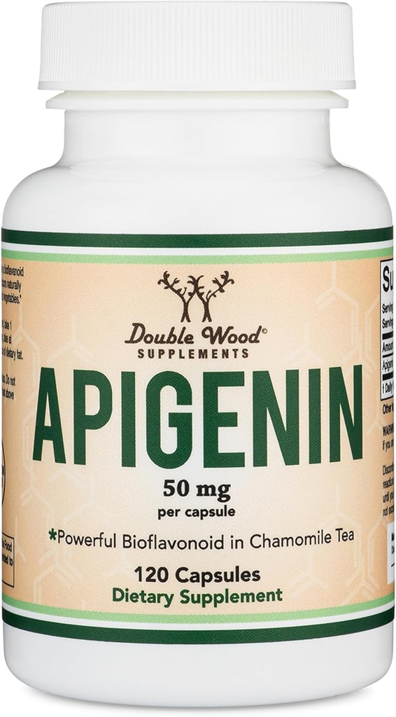 Supplément d'apigenine - 50mg par gélule, 120 Nombre (puissant bioflavonoïde trouvé dans le thé camomille pour la relaxation, le sommeil et l'humeur) Flavonols sénolytiques pour le vieillissement (sans gluten) par Double Wood