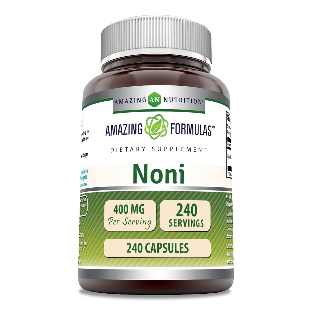 Formules étonnantes Noni 400 Mg par portion , 240 Capsules Supplément , non-GMO , sans gluten , Fabriqué aux États-Unis