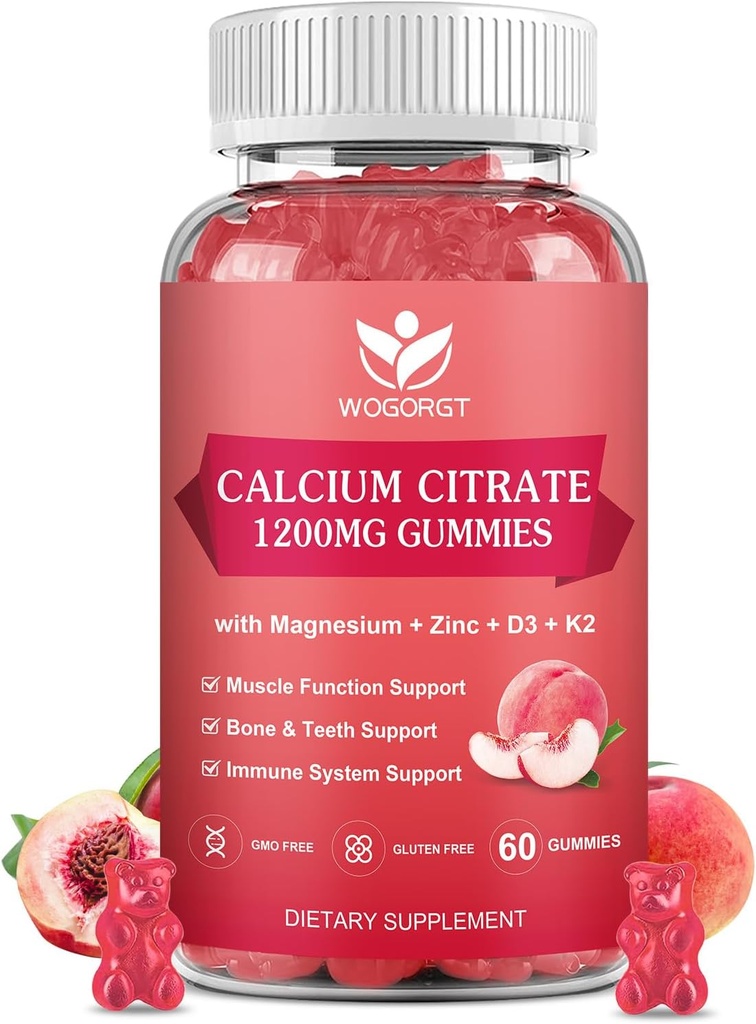 Calcium Citrate 1200mg Gummies with Vitamin D3 K2 - Chewable Calcium Magnesium Zinc d3 Supplement with Sea Moss Extract for Bone, Teeth, Immune Support for Women & Men, White Peach Flavor - 60 Gummies