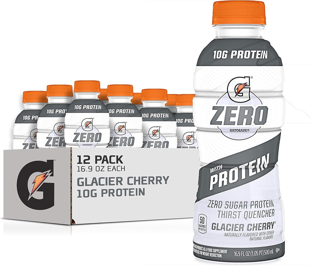Gatorade Zéro avec des protéines, 10g d'isolat de protéines de lactosérum, Zéro sucre, Electrolytes liquides, Cerise Glacier, 16,9 Fl Oz bouteille, 12 Pack