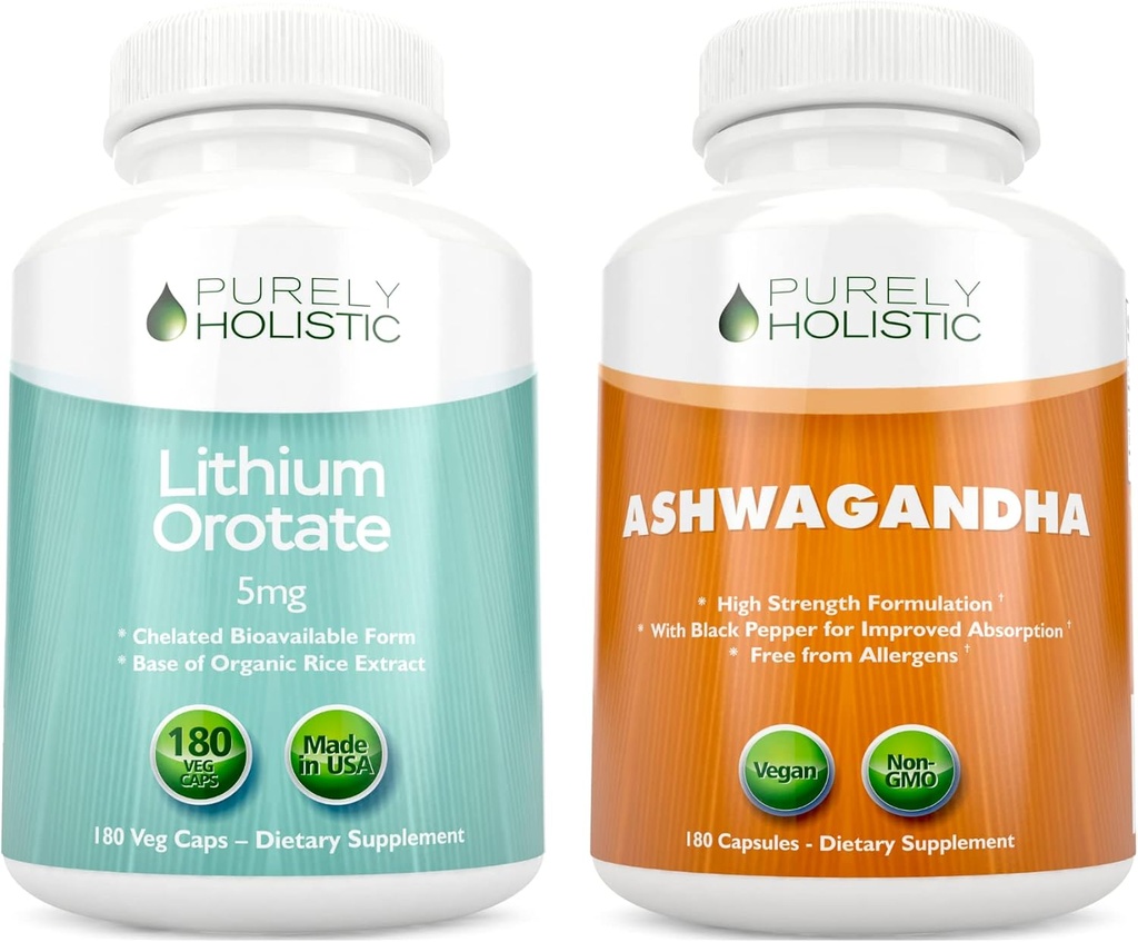 Orotate de lithium 5mg + Ashwagandha biologique 1300mg et poivre noir - Groupe végétarien - 360 Capsules