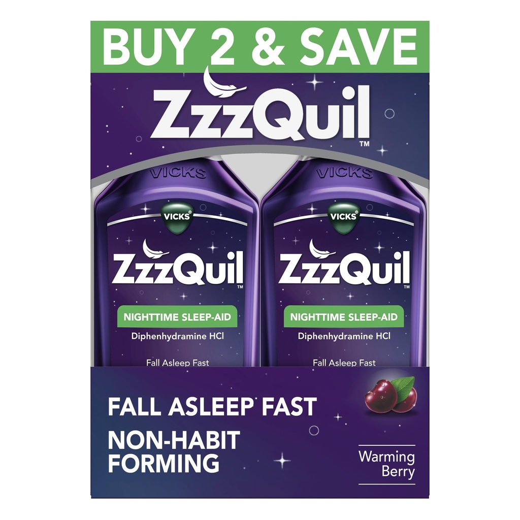 ZzzQuil, aide au sommeil, liquide d'aide au sommeil de nuit, 50 mg de HCl diphenhydramine, asleep d'automne rapide, formation non-habitante, saveur de baie chaude, 12 FL OZ (paquet de 2)