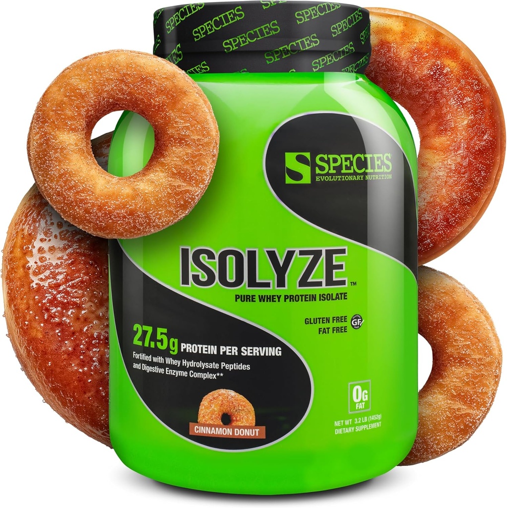 Espèce Nutrition Isolyze Poudre de protéines de lactosérum, 100 % d'isolat de lactosérum pour la musculation, 27,5 g de protéines par scoop, pas de sucre et faible en gras (Donut de cannelle, 44 portions)