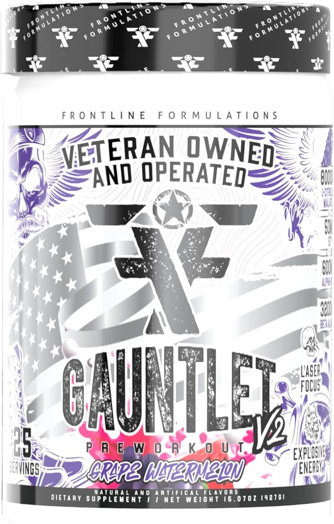 Gauntlet Pre-Workout Powder, Explosive Workouts, Laser Focus, Mid Stim, Amazing Flavor, Veteran Owned and Operated (25 Servings, Grape Watermelon)