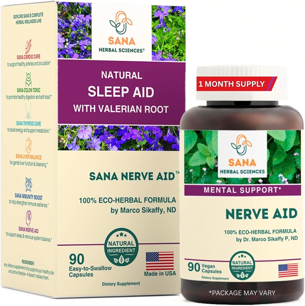 Valerian Root Natural Sleep Aid Formula for Adults with Organic Skullcap, Lobelia & More - 90 Capsules - by Dr. Marco Sikaffy | Sana Herbal
