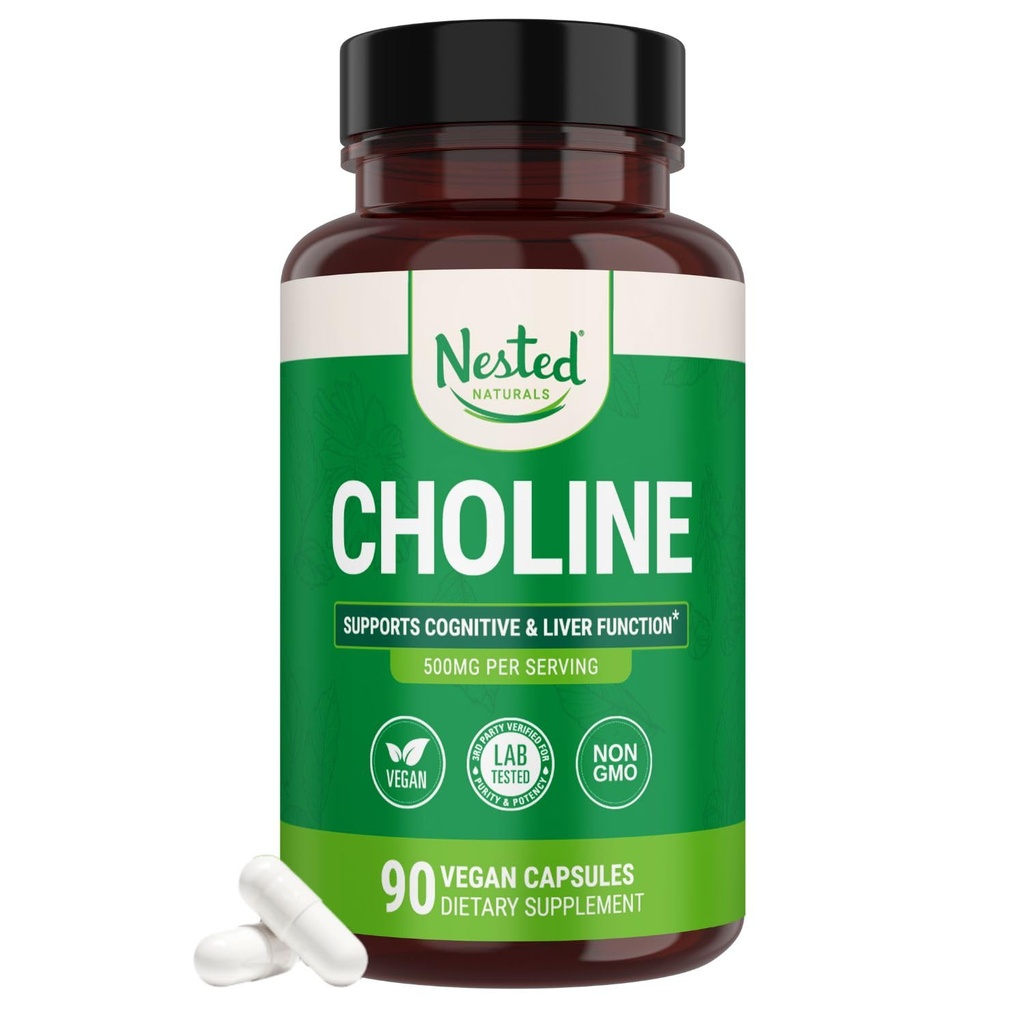 Nested Naturals Bitartrate de Choline 500mg - Suppléments Choline haute puissance - Soutient la performance cognitive et la fonction hépatique - 100% végétalien et non-OGM Choline - 90 capsules végétaliennes