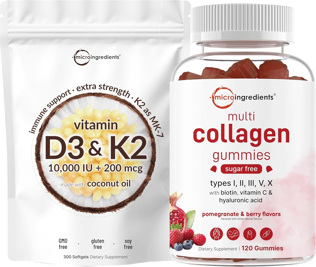 Micro-ingrédients Vitamine D3 10 000iu + K2 200mcg Huile de noix de coco Softgels & Multi Collagen Peptides Gummies Bundle Pack de vitamines essentielles au soleil
