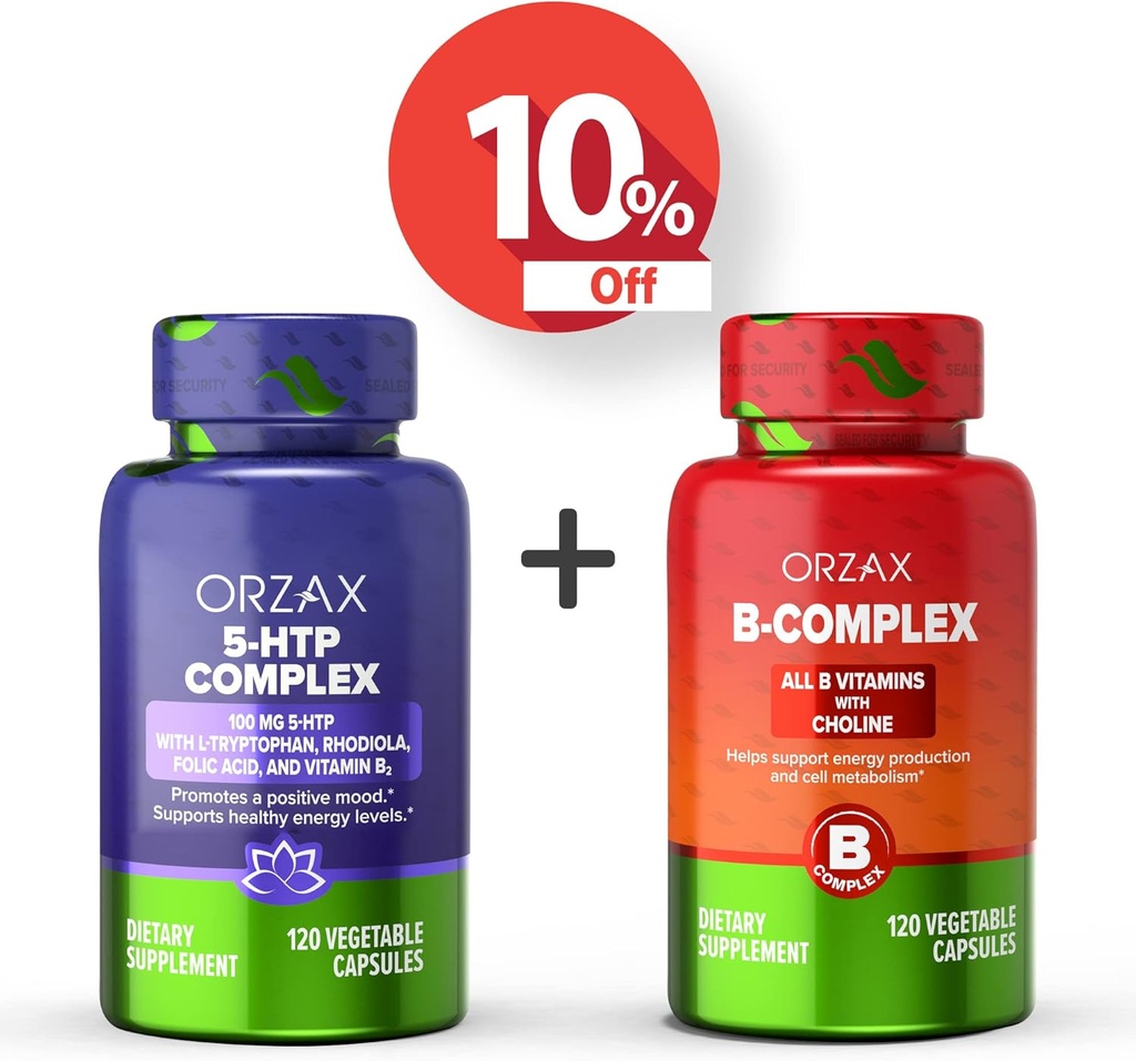 ORZAX 5 HTP Complex 100 Mg 120 Capsules végatables et complexe de vitamine B, vitamines B avec Choline et Inositol 120 Capsules, ensemble