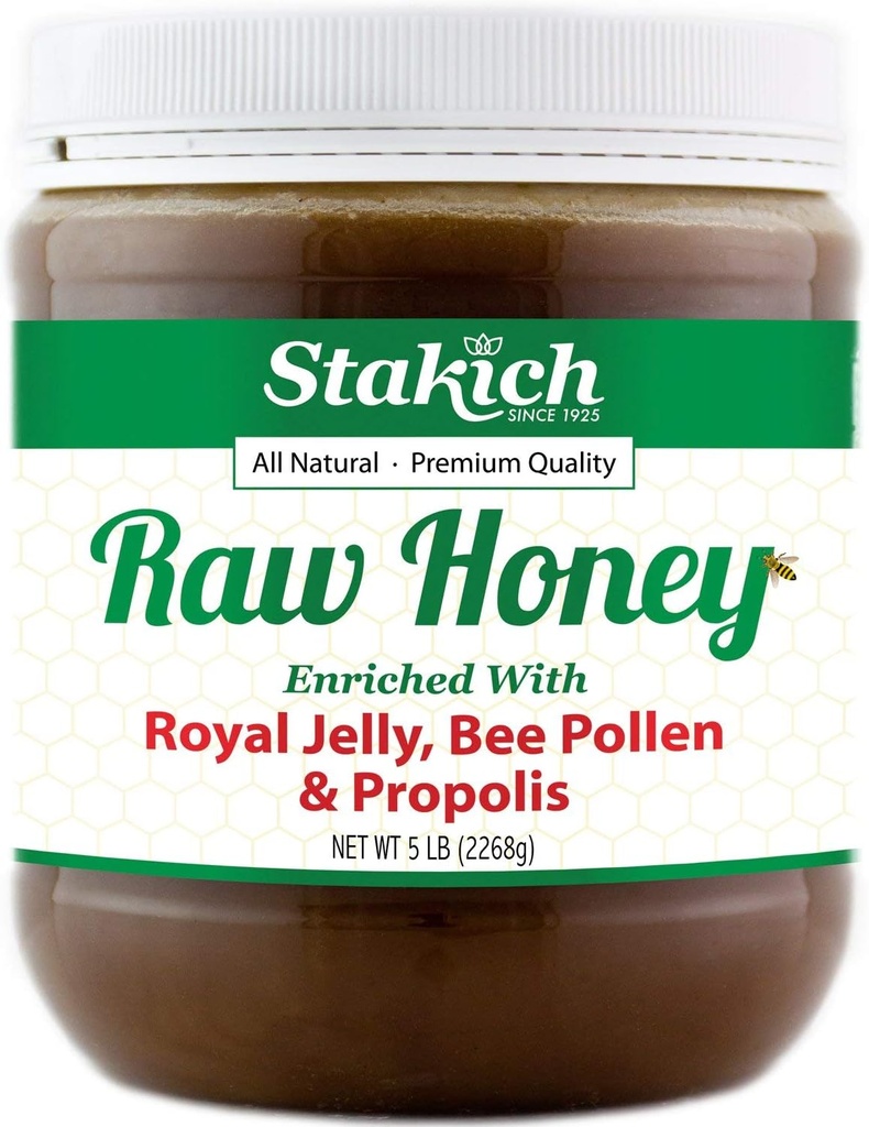 Stakich Royal Jelly, Bee Pollen, Propolis Miel cru enrichi - Pure, non traité, non chauffé - 5 livres (80 once)