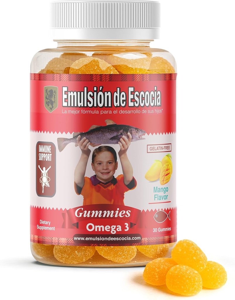Emulsión de Escocia Omega 3 Gommies pour enfants – avec les vitamines A, D3, acide folique + zinc, fer et calcium – Arôme de mangue sans arrière-goût de poisson – Immune et soutien du foie – 30 Gommies
