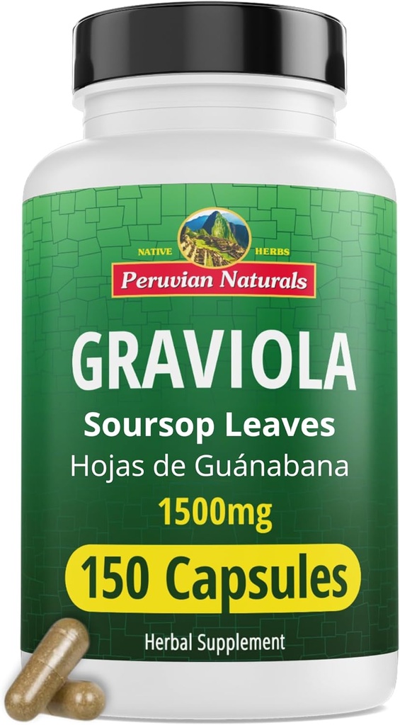 Péruvien Naturals Graviola Soursop Capsules 150 Compte - Extrait de Soursop Premium de Hojas de Guanabana - Non-OGM, végétalien, sans gluten 1500 mg de supplément à base de plantes