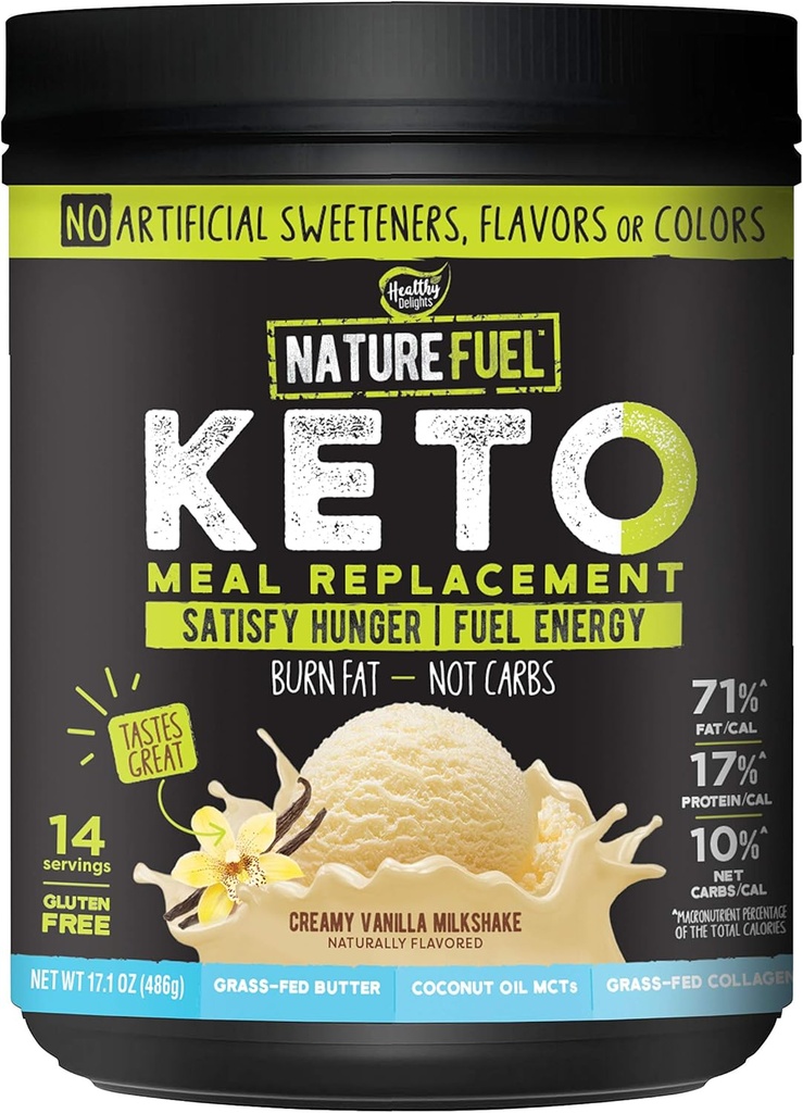 Carburant naturel Kéto poudre de rechange - sans gluten à l'huile de coco MCT et beurre gazonné - crémeux Vanilla milkshake - 14 portions - Couverture amicale, 17.1 Fl Oz