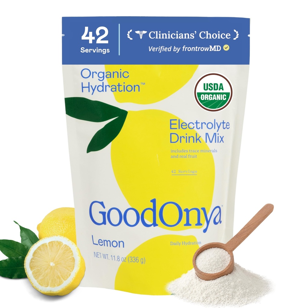 GOODONYA Mélange de boissons électrolytes d'hydratation biologique, poudre d'hydratation biologique certifiée, sans OGM, sans glyphosate biocoché, faible teneur en sucre, saveur de citron, sans arômes artificiels, 42 portions